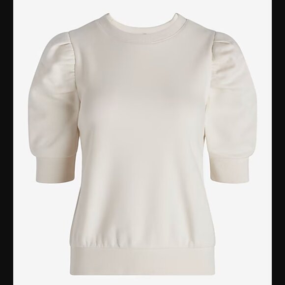 Express X-Small White Crew Neck Short Puff Sleeve Fleece Sweatshirt - Picture 2 of 5